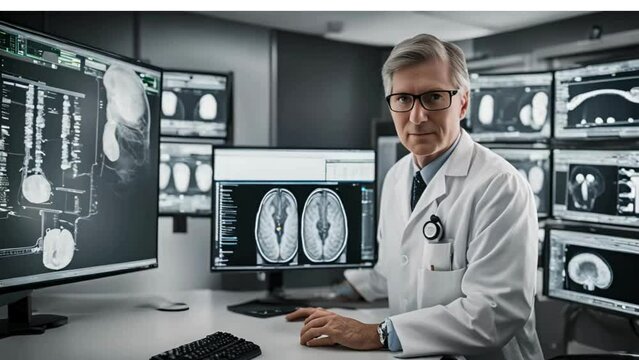 Modern Cancer Research Medical Center: Anonymous Doctor Pointing At Desktop Computer Monitor With 3D Software Visualizing Human Brain Based On CT Scan. Neurologist Looking For Tumor In Patient's Brain