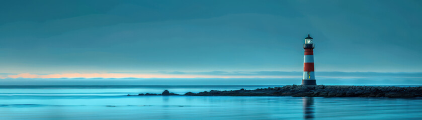 Obraz premium Majestic Lighthouse Overlooking Tranquil Ocean at Dusk Serene Coastal Landscape with Soft Blue Hues and Gentle Reflections Perfect for Nature Enthusiasts and Seascape Admirers
