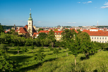 Praha city scenery from Seminarske zahrady bellow Petrin hill