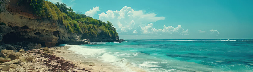 Fototapeta premium Serene Coastal Landscape with Clear Blue Waters, Lush Green Cliffs, and Sandy Shoreline under a Bright Sky with Fluffy White Clouds A Tranquil Beach Scene Ideal for Relaxation and Nature Lovers