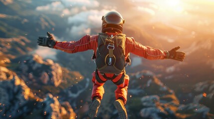 An extreme sport enthusiast in a red wingsuit stretches arms while gliding over rugged mountain terrains during a vibrant sunset