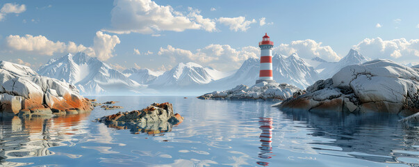 Serenity at the Edge A Red and White Lighthouse Amidst Snow Covered Rocks and Icy Waters on a Clear Winter Day with a Reflective Sky and Majestic, Snowy Mountains in the Background - Powered by Adobe
