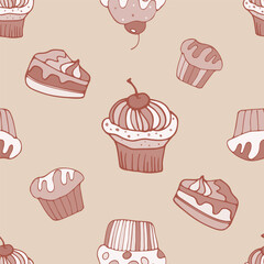 A seamless cupcake and muffin pattern in pastel tones, a hand-drawn cupcake background with a cherry on top