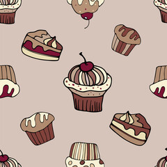 A seamless cupcake and muffin pattern in pastel tones, a hand-drawn cupcake background with a cherry on top