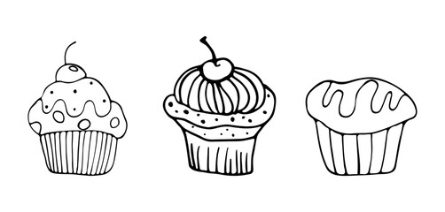 A set of hand-drawn pastry drawings, muffins, a cupcake doodle, bakery doodle icons
