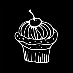 A cute hand-drawn cupcake, a black and white cupcake icon, a muffin doodle, a cake sketch