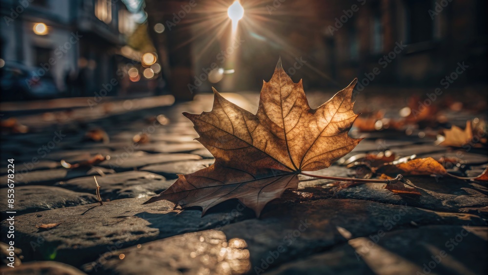 Poster A fallen autumn leaf on the ground illuminated by streetlights.