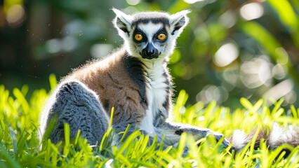 Fototapeta premium A ring-tailed lemur sitting on the grass with sunlight creating a warm and serene ambiance, its expressive eyes capturing the viewer's attention.