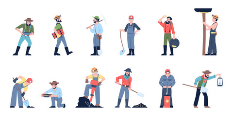 Fototapeta premium Gold miners characters. Men launder golden, sift and look for jewelry. Diggers and professional miner with equipment for work in mine, recent vector set