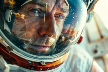 Closeup Generative AI picture of astronaut male female floating through space galaxy planet moon stars