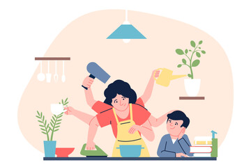 Multitasking woman. Housewife mother with many hands does different deals simultaneously, cooking supporting ironing. Time management recent vector scene