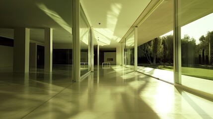 Obraz premium Modern Interior with Glass Doors Leading to a Lush Garden