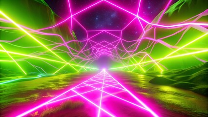 neon colored lines extending into a long tunnel