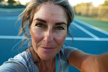 Closeup Generative AI portrait of focused sportsman sportswoman at tennis court practicing preparing for contest