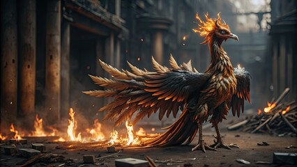 Fototapeta premium A fierce phoenix standing in a fiery industrial setting.