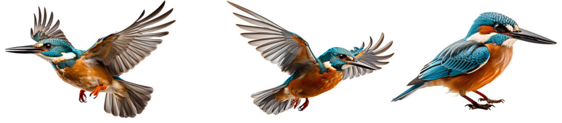 Fototapeta premium Kingfisher bird set PNG. Set of kingfisher birds different views isolated. Kingfisher bird PNG. Beautiful bird with blue and orange feathers isolated. Kingfisher bird in flight with spread wings PNG