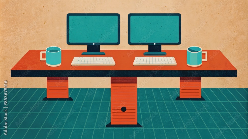 Aufkleber An illustration of a dual computer setup on a desk with coffee mugs.
