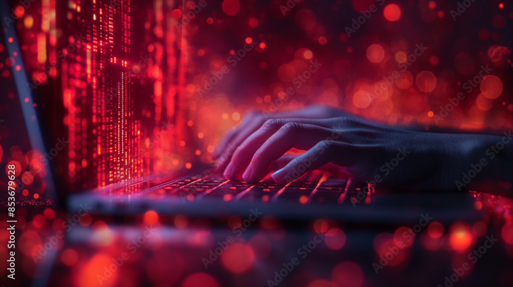 Poster a person is typing on a laptop with a red background. concept of urgency and focus as the person wor