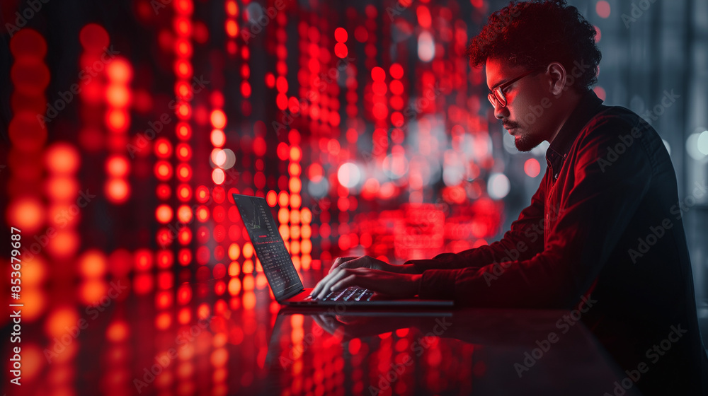 Poster a man is typing on a laptop in front of a red background. concept of focus and concentration as the 