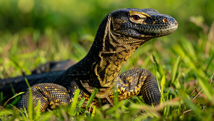 Obraz premium A monitor lizard basking in the sunlight on a grassy lawn, its scales and powerful limbs illuminated by the warm light.