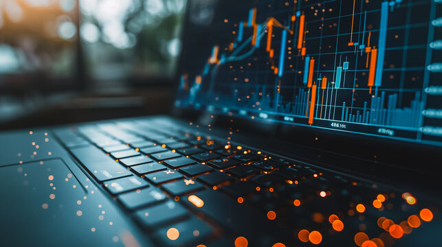 A laptop screen shows a graph with a lot of numbers and lines. Concept of complexity and technicality, as well as the idea of data analysis and interpretation