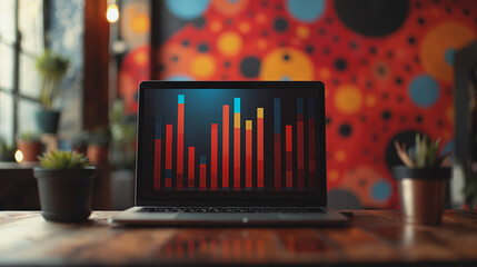 A laptop screen shows a graph with red, yellow, and blue lines. Concept of productivity and focus