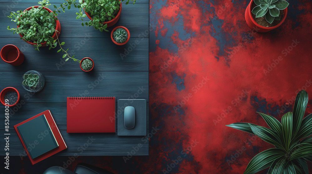 Poster a table with a red background and a bunch of potted plants. the table has a red notebook and a mouse
