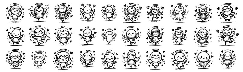 detailed cute angels and hearts line art set