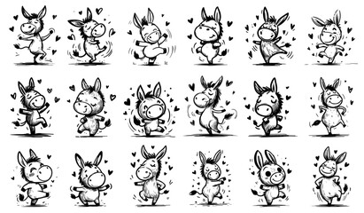 collection of cute donkeys with hearts drawings