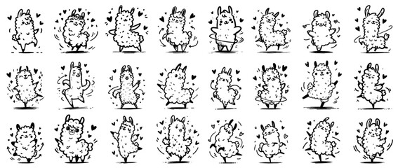 collection of cute llamas with hearts drawings