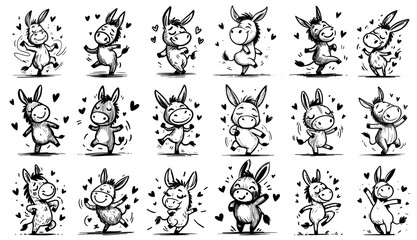 set of small smiling donkey illustrations with hearts