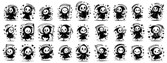 collection of cute grim reapers with hearts drawings