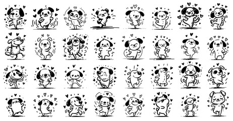 collection of cute dogs with hearts drawings