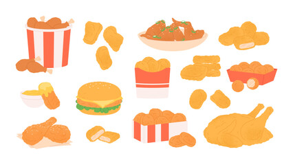 Cartoon chicken nuggets. Tasty wings legs stripes and fried crispy balls packing for eat to go. Burger and meat bucket, fast food racy vector clipart