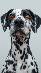 Portrait of a Dalmatian dog with amber eyes and spotted fur against a grey background, animal studio photography