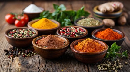Assorted Colorful Spices in Wooden Bowls on Rustic Wooden Table with Fresh Herbs and Vegetables