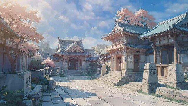 Anime-style Video of a beautiful Japanese courtyard centered around a cherry blossom tree. The surrounding buildings have wooden frames and tiled roofs. The sky is a mix of blue and white, with mounta