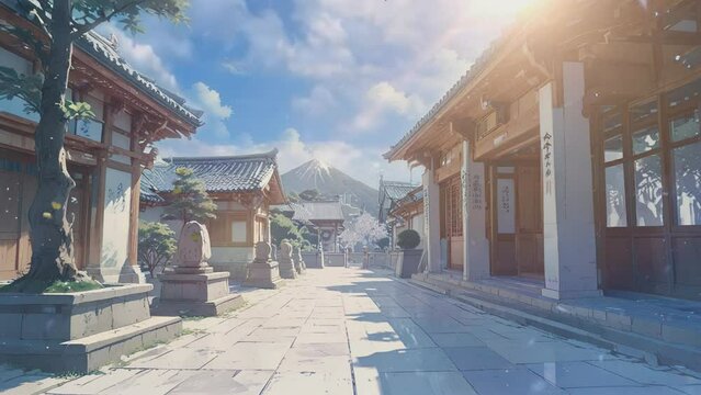 Anime-style Video of a raditional Japanese garden with a cherry tree blooming in the foreground. Wooden-framed, tile-roofed buildings encircle the space. The sky is blue with occasional clouds, and mo