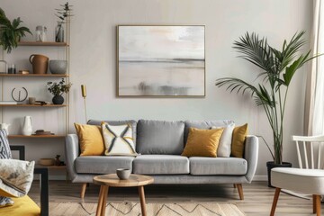 Modern living room interior design with cozy sofa and decor elements