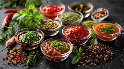 Fototapeta premium Assorted Fresh Herbs and Spices with Various Sauces in Glass Bowls on Dark Background