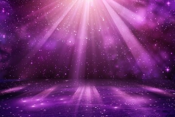 Fototapeta premium Soft purple stage lights with soft rays radiating against a dark backdrop, cinematic feel with beams of light and shining stars