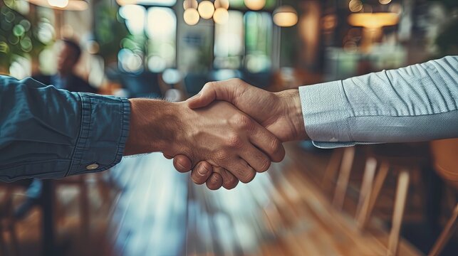 Bussines partners handshakes in modern open space on the background of coworking team on new startup project