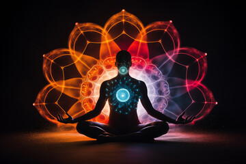 Silhouette of a man in the lotus position meditating in a magical glow.