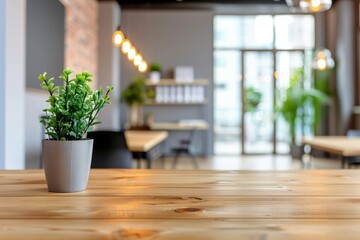 Fototapeta premium A potted plant sits on a wooden table in a room with a window