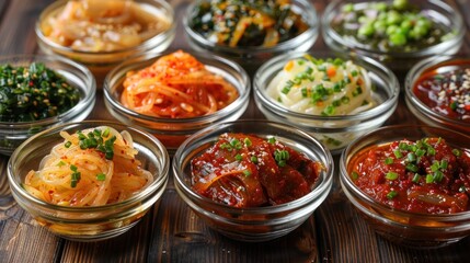 Assorted Korean Side Dishes in Glass Bowls on Wooden Table - Traditional Korean Cuisine