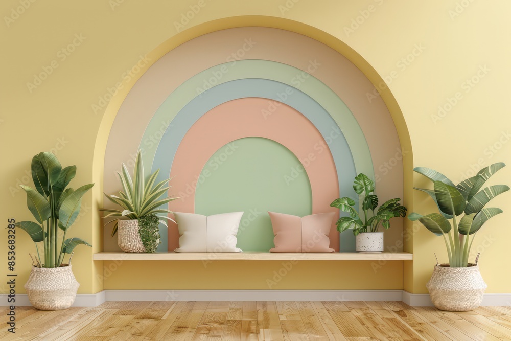Poster A colorful archway with a bench and potted plants in front of it