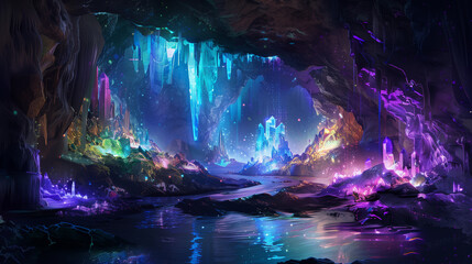 Obraz premium A mysterious cave illuminated by glowing crystals, with an underground river and hidden treasures.