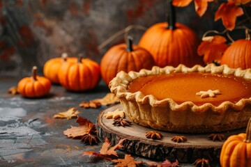 Autumn pumpkin pie with shortcrust pastry. Pumpkin flan against a background of autumn orange pumpkins. Autumn dessert.