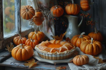 Autumn pumpkin pie with shortcrust pastry. Pumpkin flan against a background of autumn orange pumpkins. Autumn dessert.