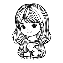 cute girl holding a little bunny doodle sketch